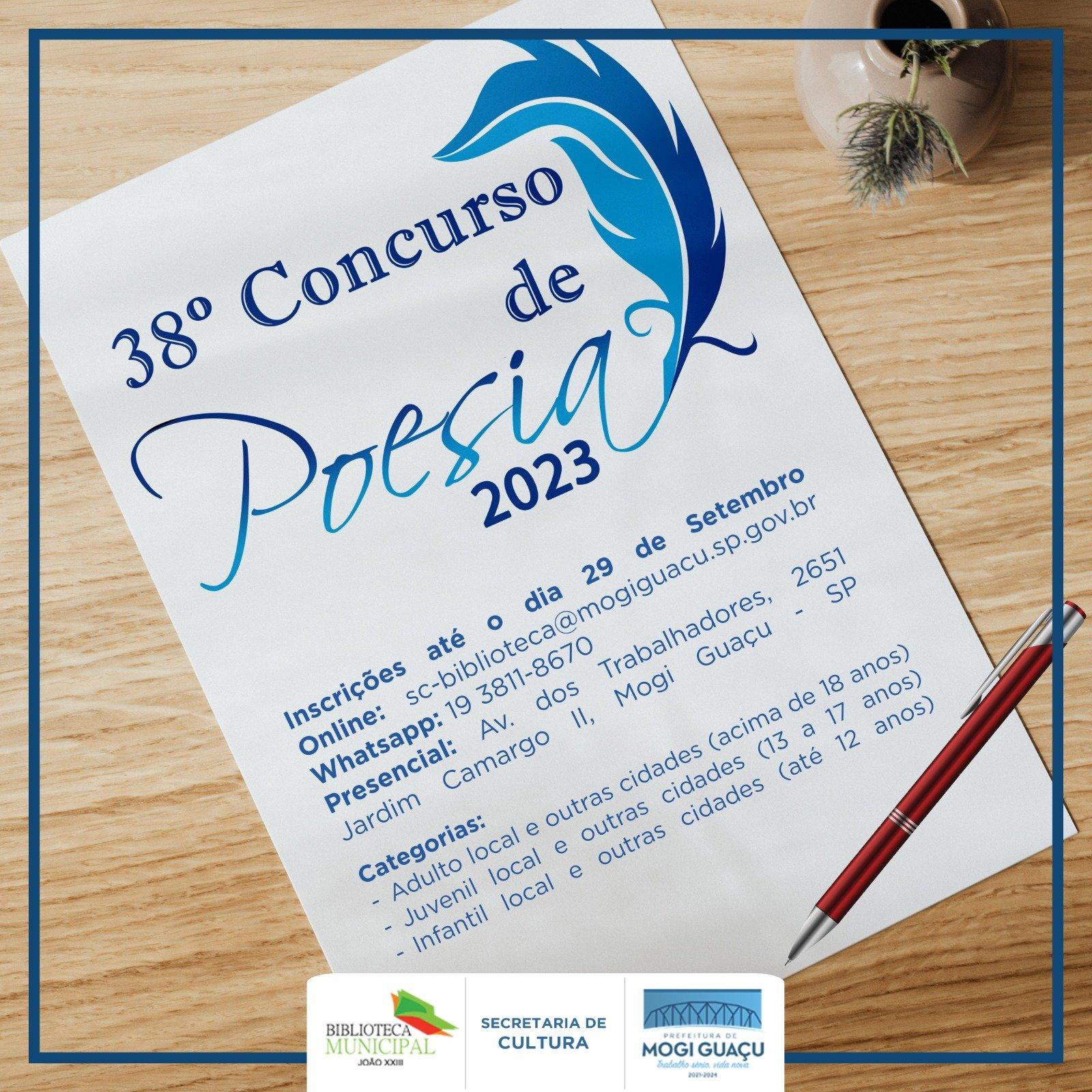 Poetas e poetisas já podem se inscrever para o 38º Concurso de Poesia de Mogi Guaçu