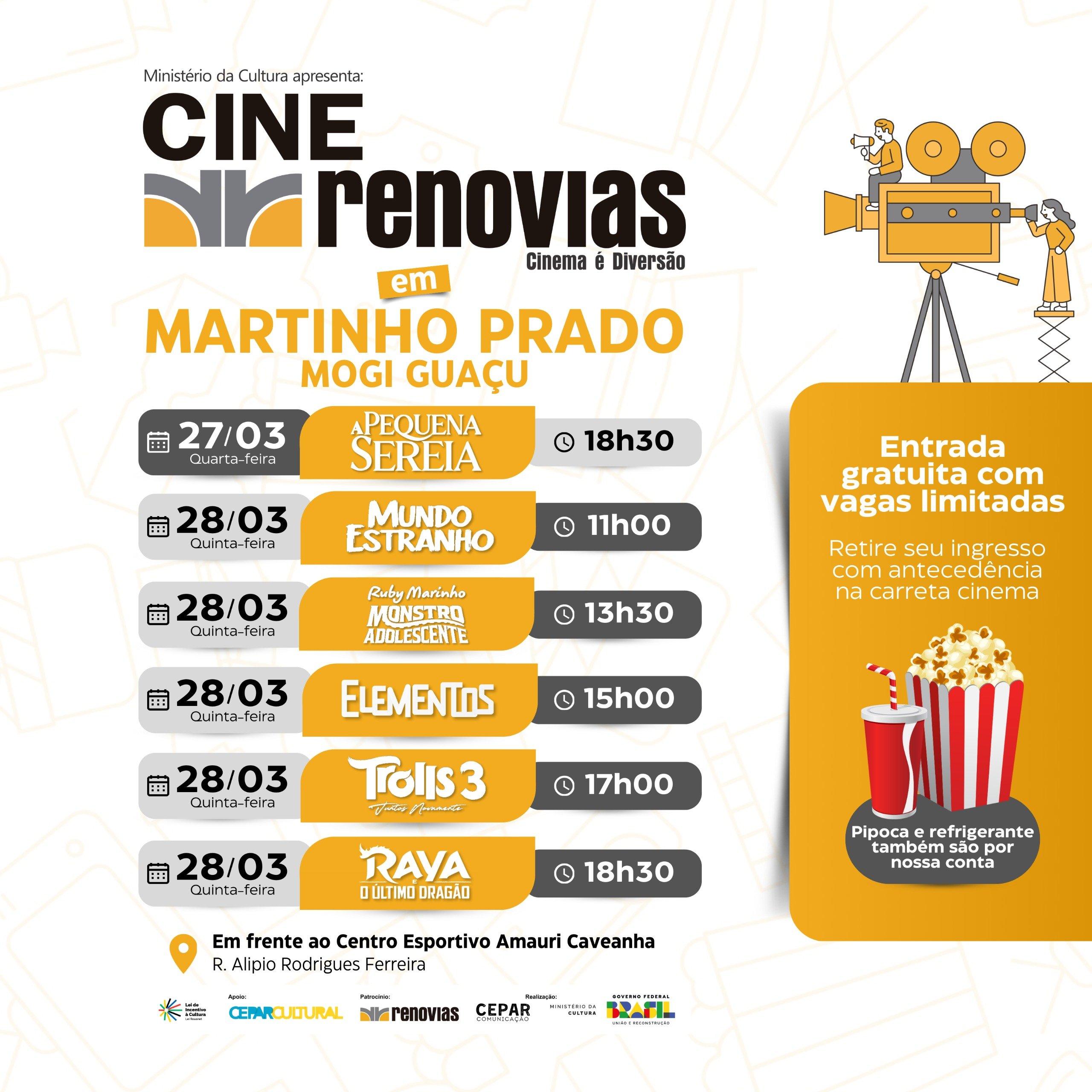 Martinho Prado recebe sessões de cinema gratuitas nesta quarta-feira e quinta-feira
